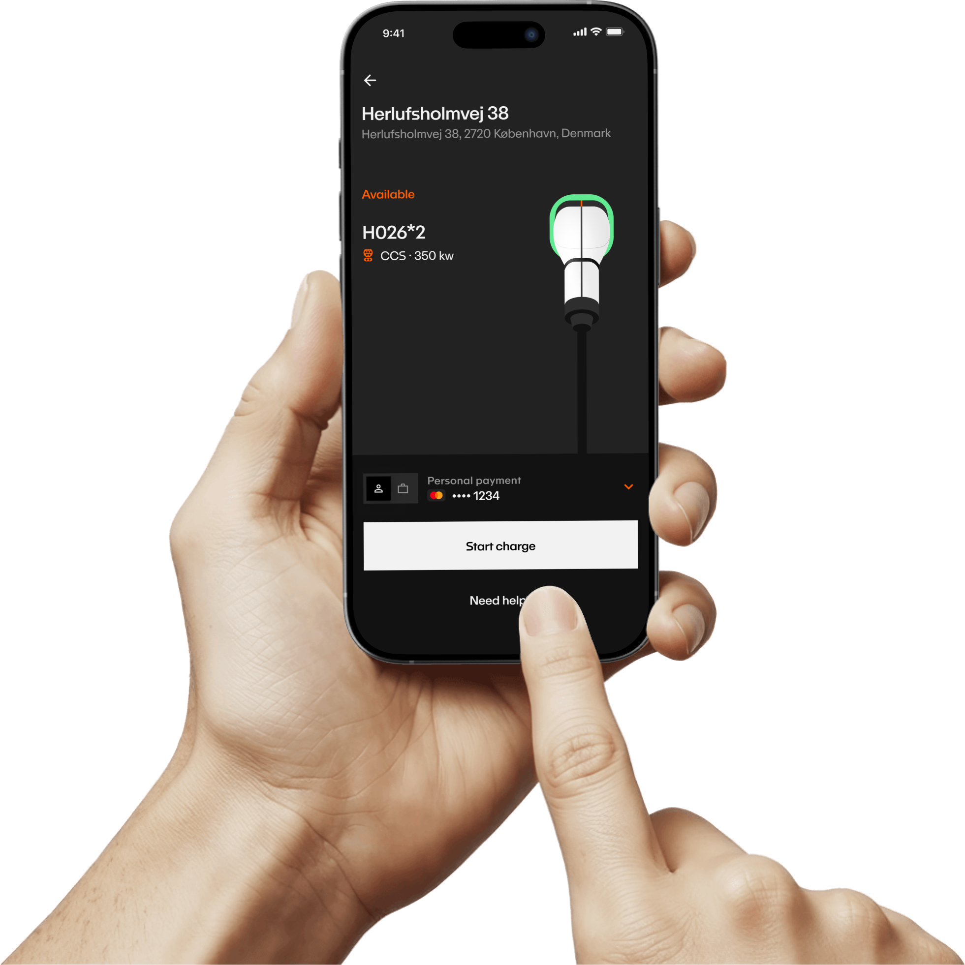 A hand interacting with the Stella mobile app to start an EV charging session, illustrating the app's user-friendly interface