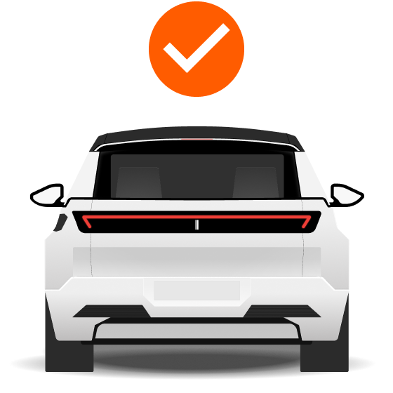 Rear view of a white electric vehicle with an orange checkmark above it, symbolizing vehicle is ready for AutoCharge